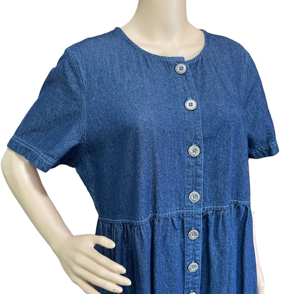 BLAIR L dark blue denim chambray shirt dress button front modest midi casual - Picture 5 of 6